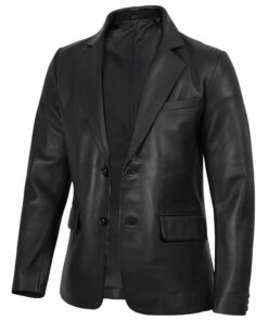 Men Notch Lapel Black Leather Blazer Jacket