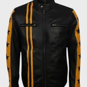 Men’s Biker Yellow Star Black Leather Jacket