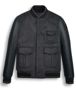 Black Wool Varsity Bomber Leather Jacket