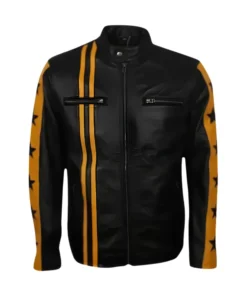 Men Biker Yellow Star Black Leather Jacket