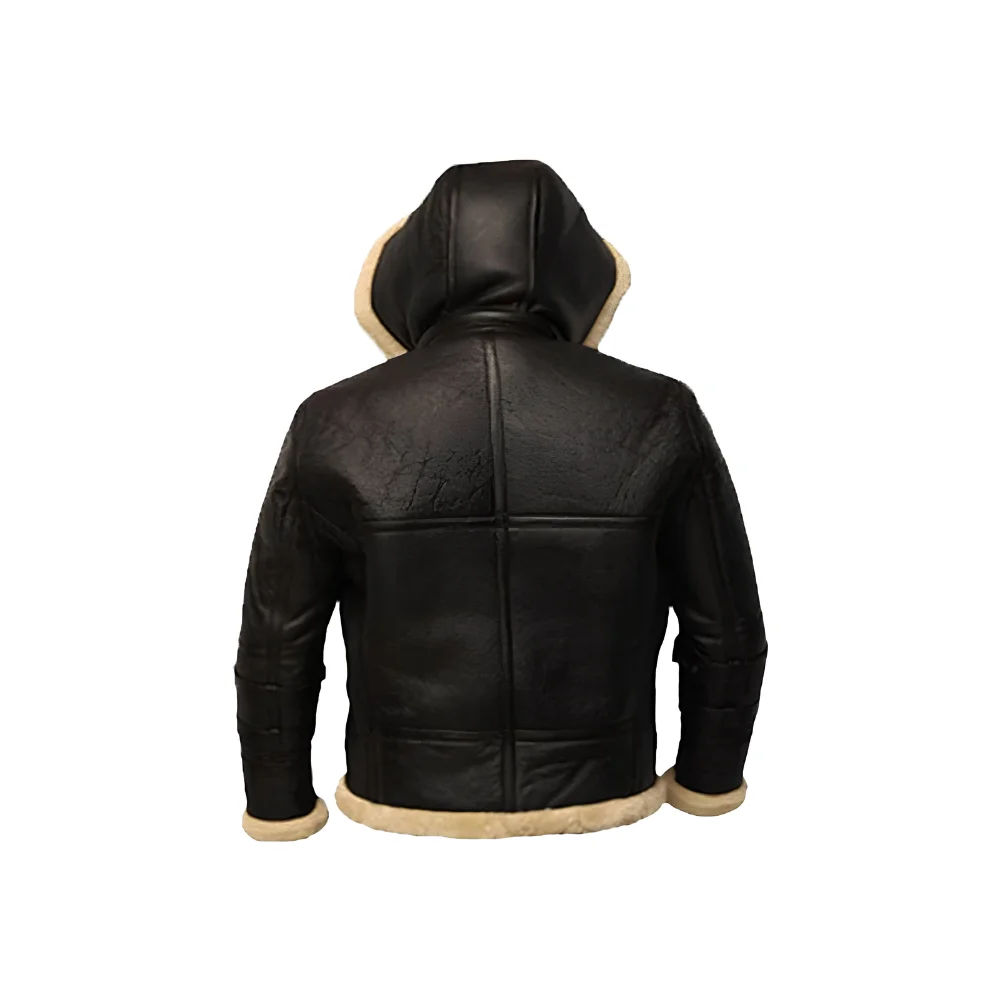 B3 Black Bomber Shearling Leather Jacket back B3 Black Bomber Shearling Leather Jacket back
