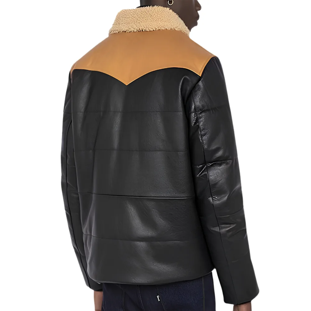 Black Bomber Shearling Leather Jacket back Black Bomber Shearling Leather Jacket back