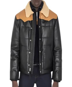 Black Bomber Shearling Leather Jacket front