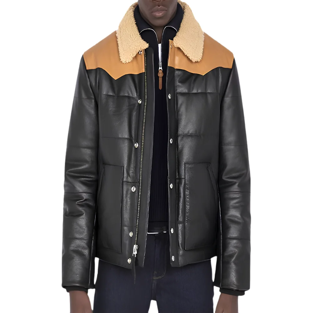 Black Bomber Shearling Leather Jacket front Black Bomber Shearling Leather Jacket front