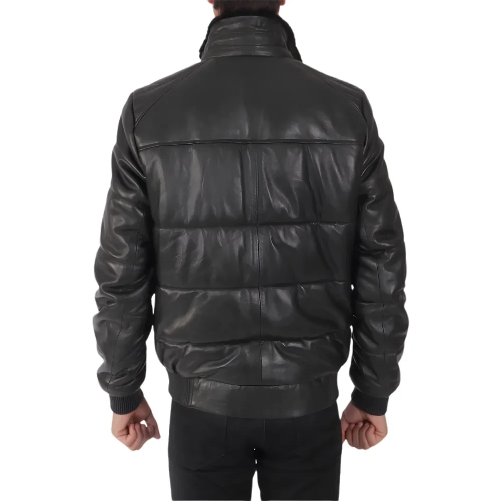 Black Leather Puffer Jacket back Black Leather Puffer Jacket back