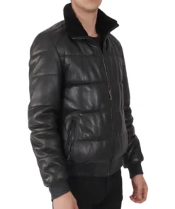 Black Leather Puffer Jacket side