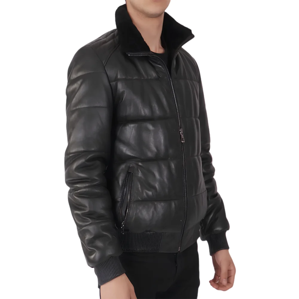 Black Leather Puffer Jacket side Black Leather Puffer Jacket side