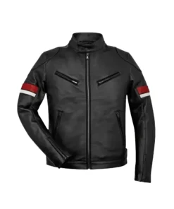 Black Leather Red and White Striped Cafe Racer Jacket