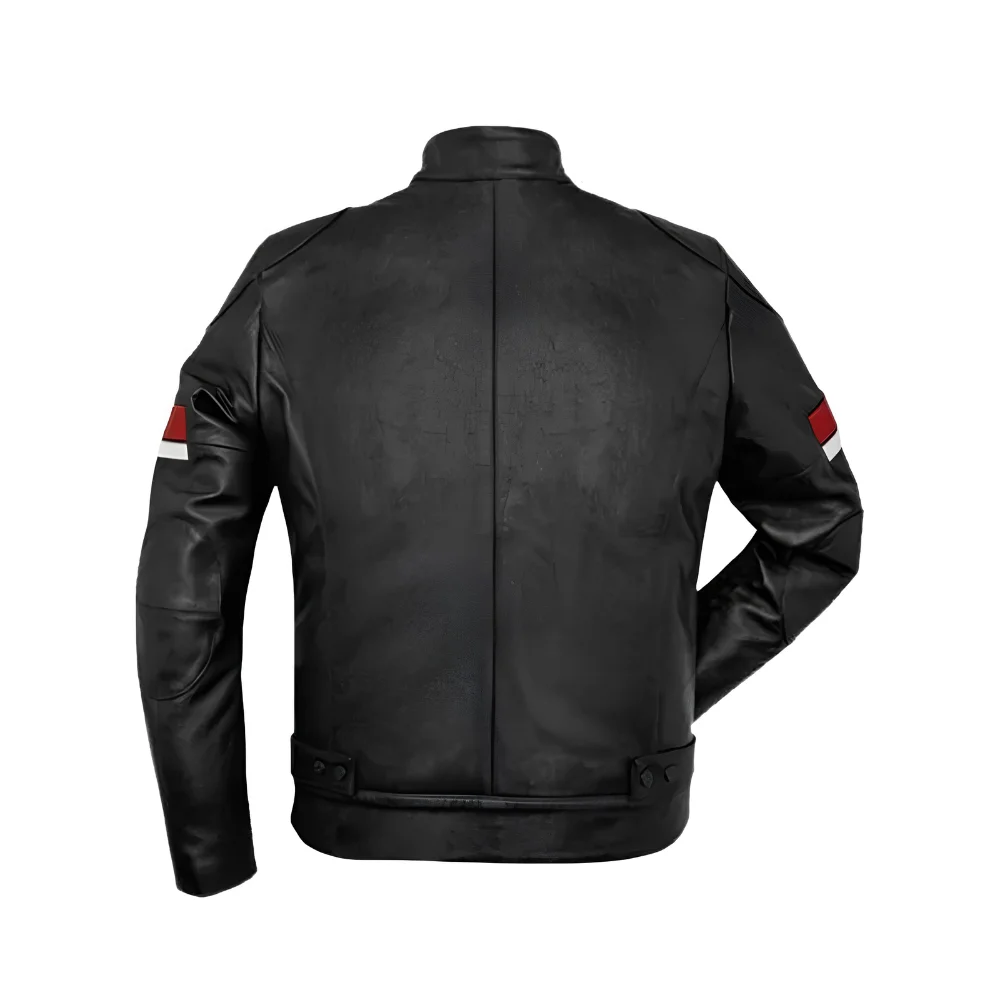 Black Leather Red and White Striped Cafe Racer Jacket back Black Leather Red and White Striped Cafe Racer Jacket back