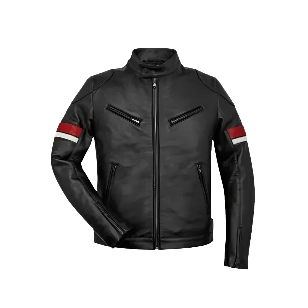 Black Leather Red and White Striped Cafe Racer Jacket Black Leather Red and White Striped Cafe Racer Jacket