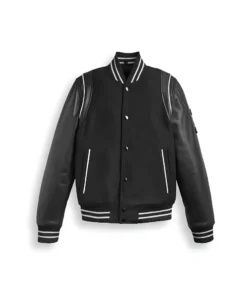 Black Varsity Bomber Leather Jacket With Stripes