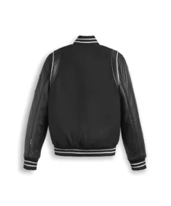 Black Varsity Bomber Leather Jacket With Stripes back