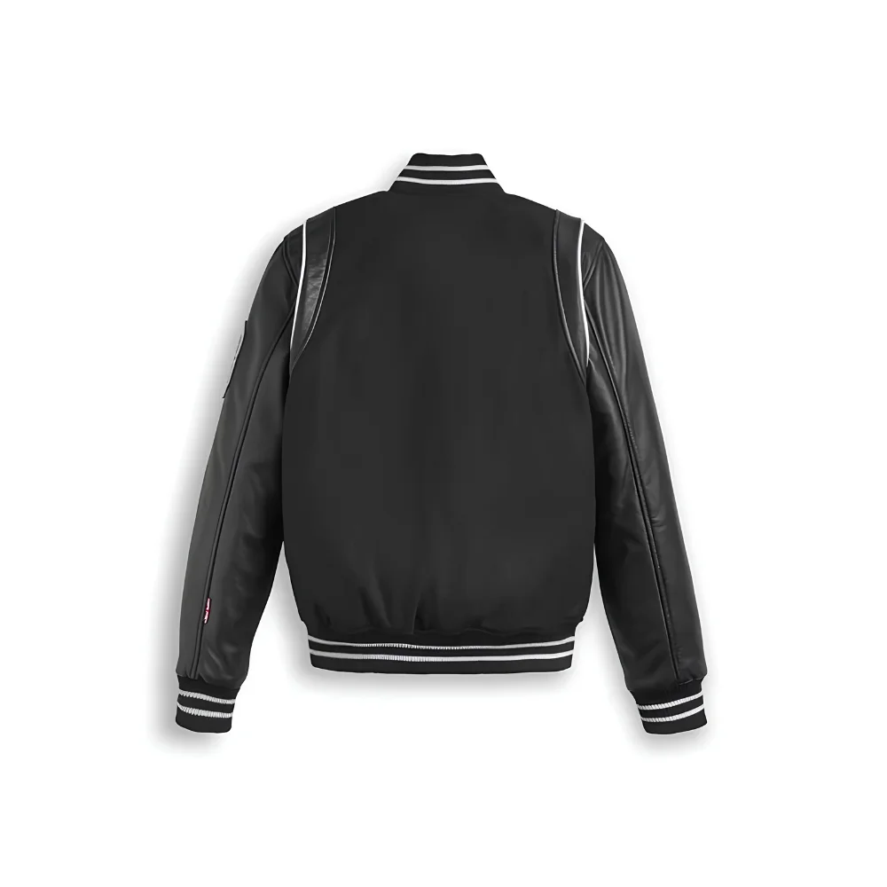 Black Varsity Bomber Leather Jacket With Stripes back Black Varsity Bomber Leather Jacket With Stripes back