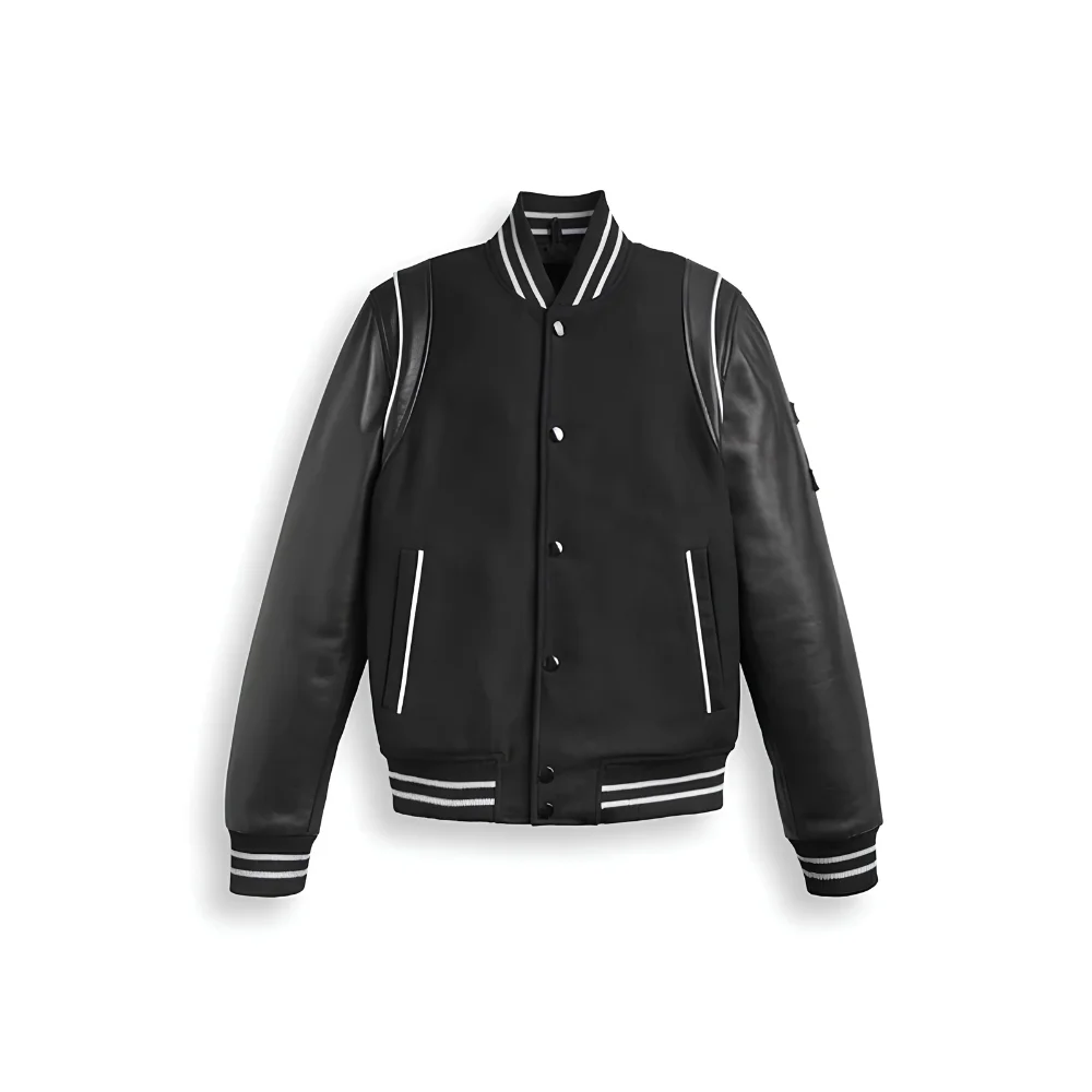 Black Varsity Bomber Leather Jacket With Stripes Black Varsity Bomber Leather Jacket With Stripes