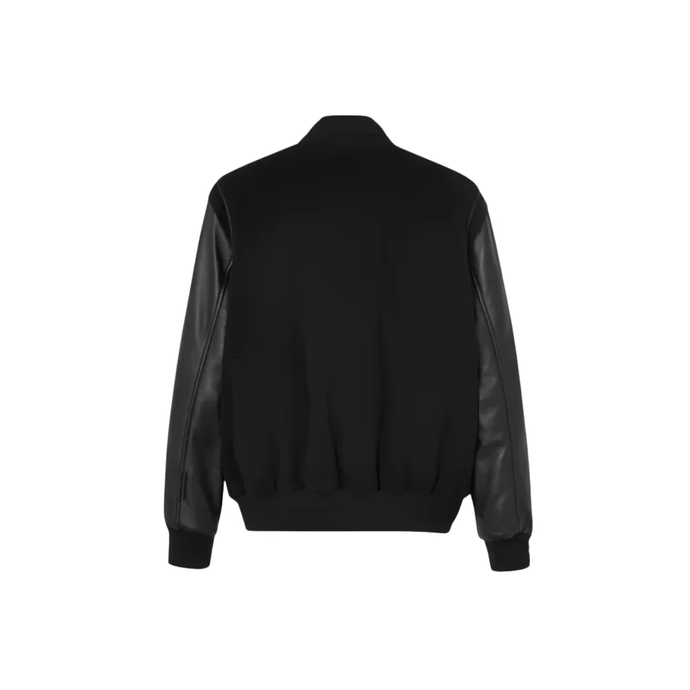 Black Varsity Leather Bomber Jacket back Black Varsity Leather Bomber Jacket back