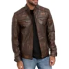 Brown Distressed Cafe Racer Leather Jacket