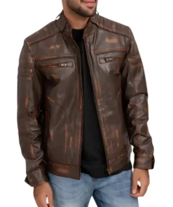 Brown Distressed Cafe Racer Leather Jacket