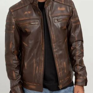 Brown Distressed Cafe Racer Leather Jacket