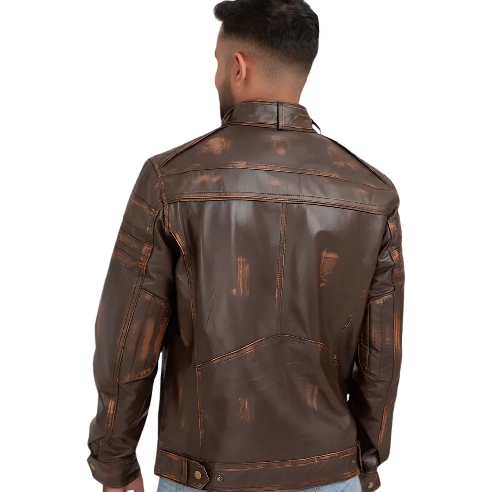 Brown Distressed Cafe Racer Leather Jacket back Brown Distressed Cafe Racer Leather Jacket back