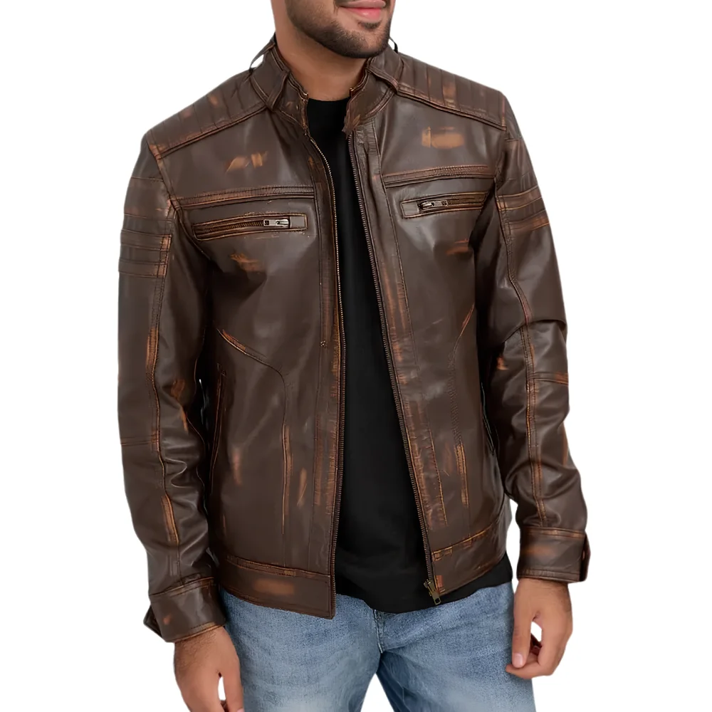 Brown Distressed Cafe Racer Leather Jacket Brown Distressed Cafe Racer Leather Jacket