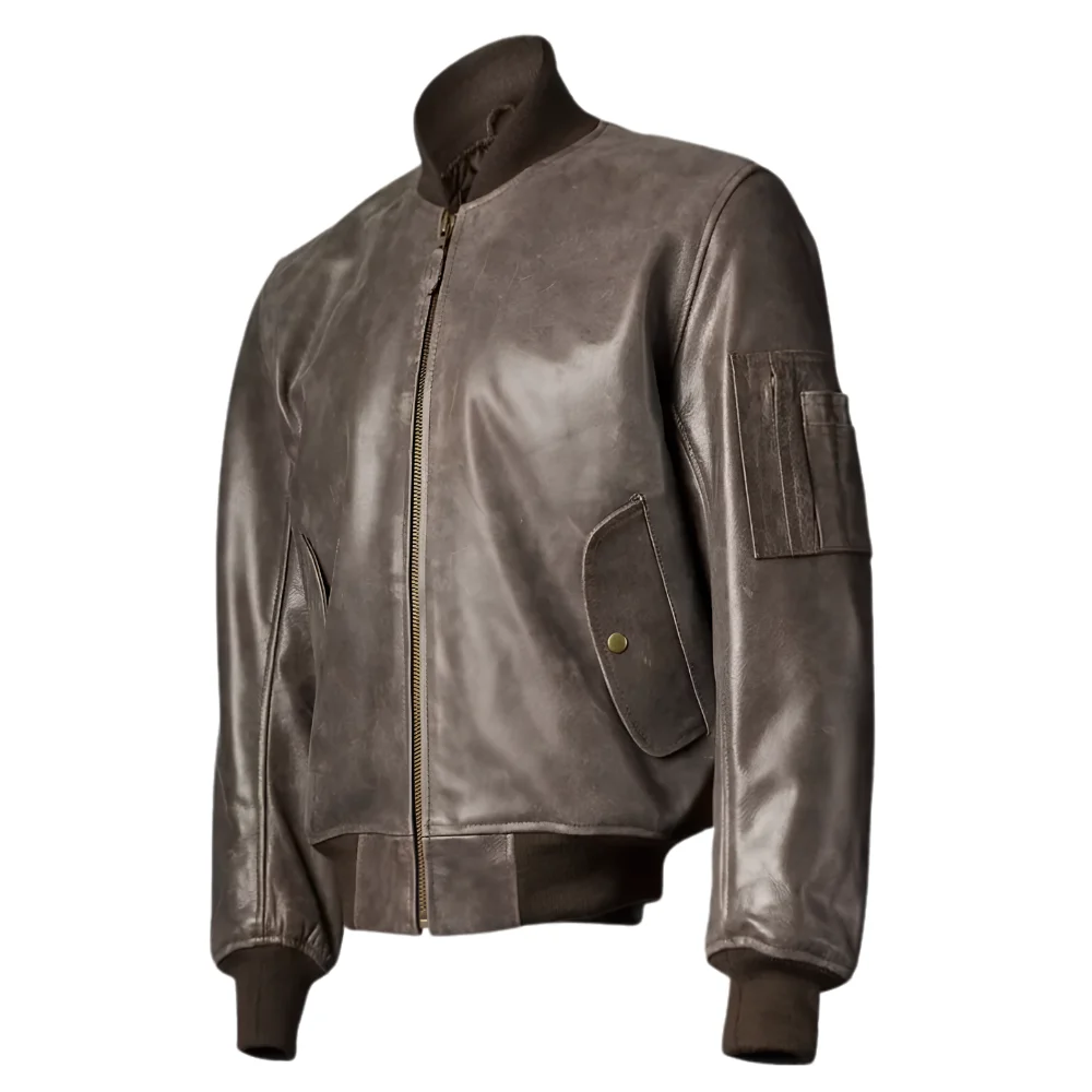 Brown Distressed Leather MA-1 Bomber Jacket