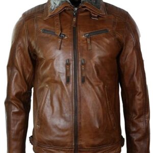Mens Distressed Leather Jacket Belted Brown Fur Collar