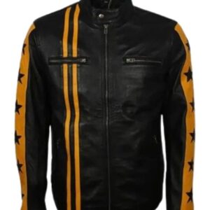 Men’s Biker Yellow Star Black Leather Jacket
