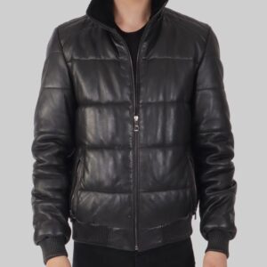 Mens Black Leather Puffer Jacket