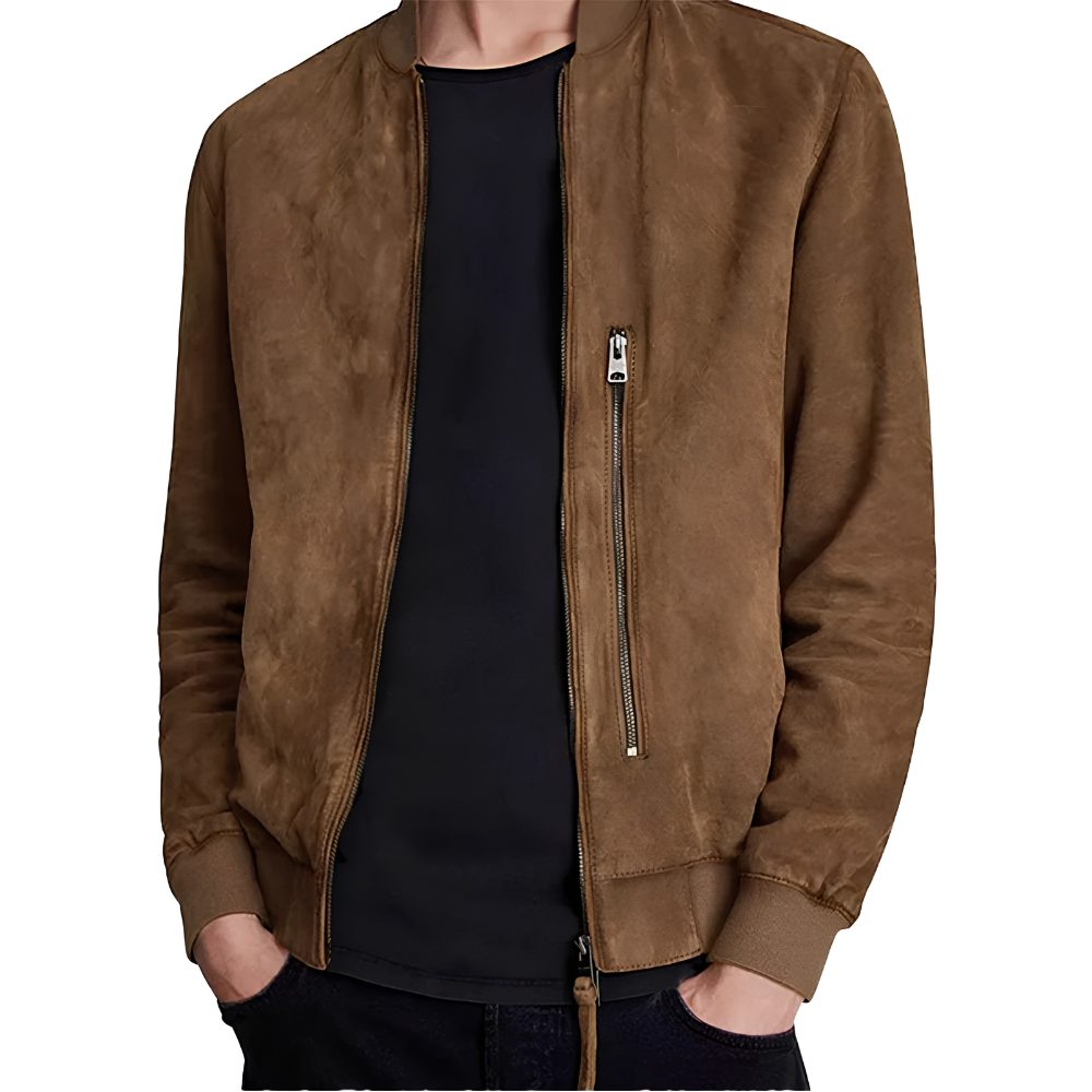 Mens Brown Suede Leather Bomber Jacket main image Mens Brown Suede Leather Bomber Jacket main image
