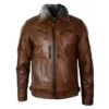 Mens Distressed Leather Jacket Belted Brown Fur Collar