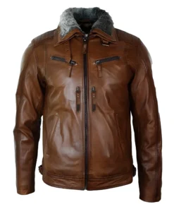 Mens Distressed Leather Jacket Belted Brown Fur Collar