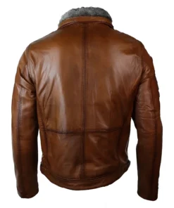 Mens Distressed Leather Jacket Belted Brown Fur Collar back