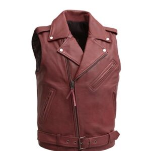 Red Leather Motorcycle Vest For Mens