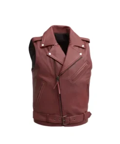 Red Leather Motorcycle Vest For Mens front