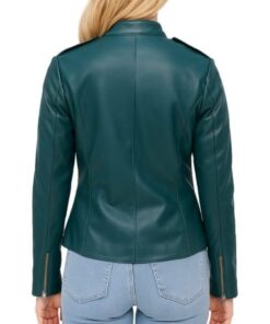 Green Zip-Up Leather Jacket back