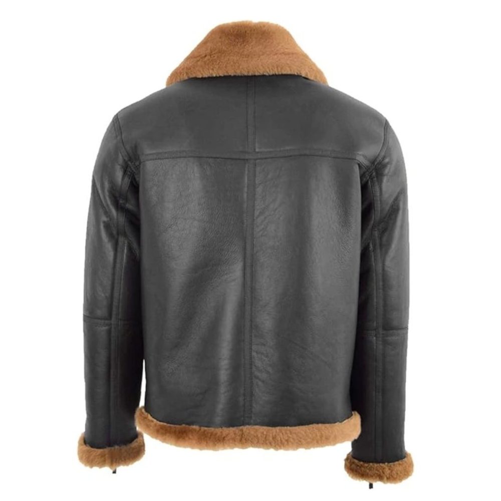 RAF Black B3 Bomber Brown Shearling Jacket back RAF Black B3 Bomber Brown Shearling Jacket back