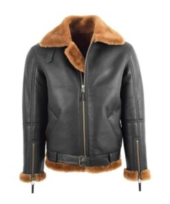 RAF Black B3 Bomber Brown Shearling Jacket open collar
