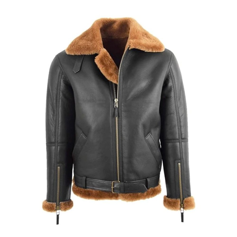 RAF Black B3 Bomber Brown Shearling Jacket open collar RAF Black B3 Bomber Brown Shearling Jacket open collar
