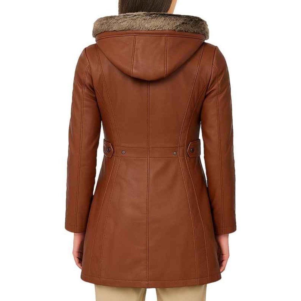 Shearling Hooded Brown Coat back Shearling Hooded Brown Coat back